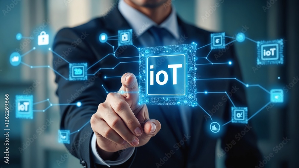 Poster internet of things - iot concept. businessman offer iot products and solutions. young businessman se