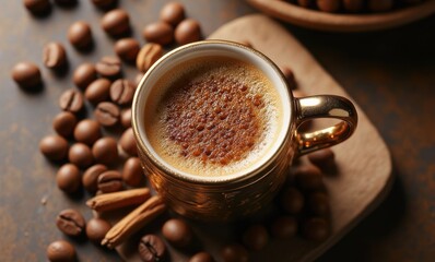 Rich coffee in a golden mug with beans.