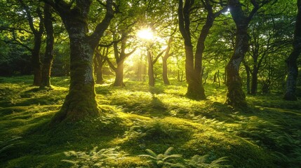 Fototapeta premium Sunlit Forest: A Tranquil Green Haven