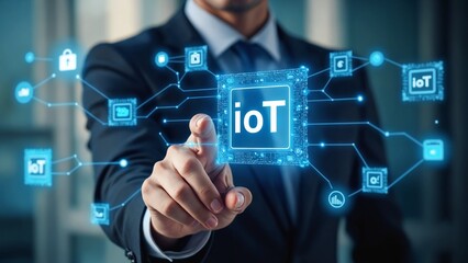 Internet of things - IOT concept. Businessman offer IOT products and solutions. Young businessman select the abstract chip with text IoT on the virtual display
