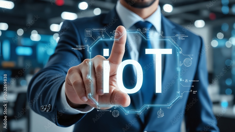 Poster internet of things - iot concept. businessman offer iot products and solutions. young businessman se