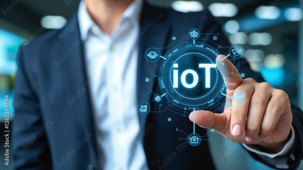 Poster internet of things - iot concept. businessman offer iot products and solutions. young businessman se