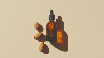 An elegant amber glass dropper bottle containing rich argan oil, artistically arranged with whole and cracked argan nuts on a solid cream-colored background
