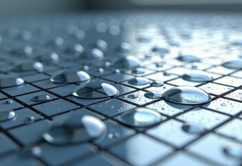 Close-up of clear water droplets on a textured blue tiled surface
