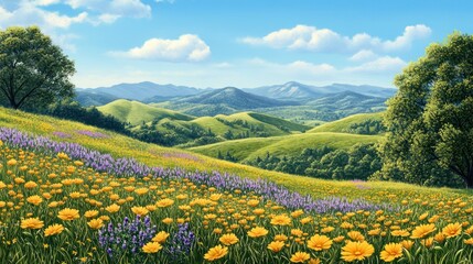 Obraz premium Sunny hills, wildflowers, mountains, nature, landscape, idyllic scene, travel poster