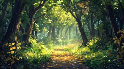 Fototapeta premium Sunlit Forest Path: A Digital Painting of Tranquility