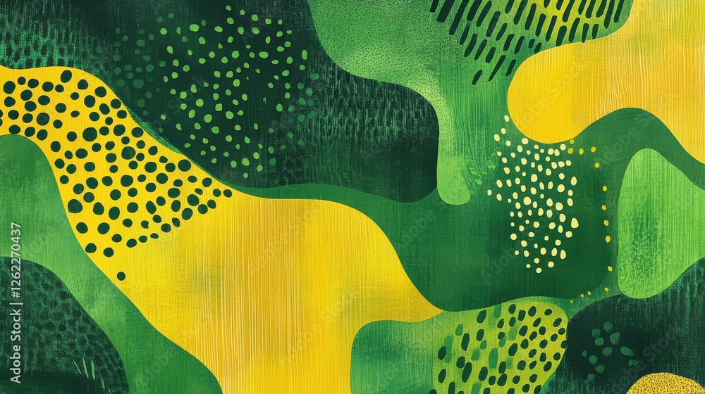 Poster abstract green and yellow pattern with dots and curved shapes