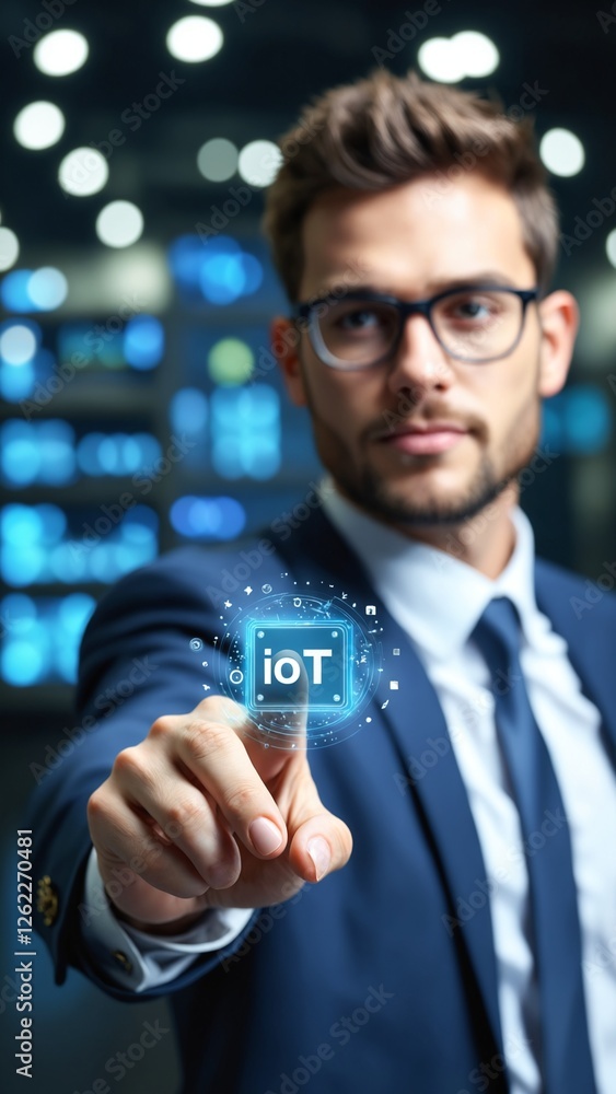 Poster internet of things - iot concept. businessman offer iot products and solutions. young businessman se