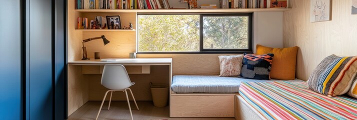 Built in Study Nook with Window and Colorful Cushions
