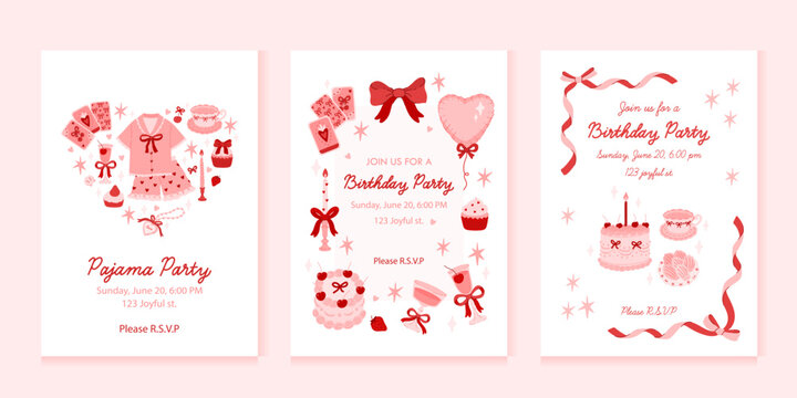 Colorful collection of 3 vertical cards or backgrounds with sample text and whimsical elements. Invitation templates for Pajama party, Birthday, wedding. Coquette aesthetic. Vector flat illustration