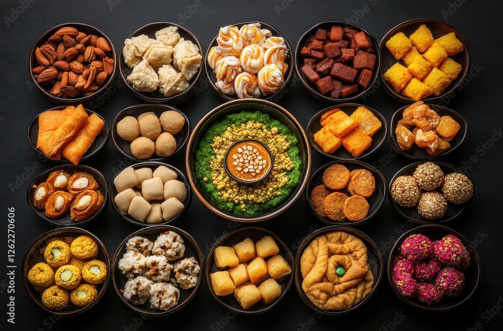 Poster a colorful array of traditional desserts and sweets displayed in circular bowls on a dark surface, s