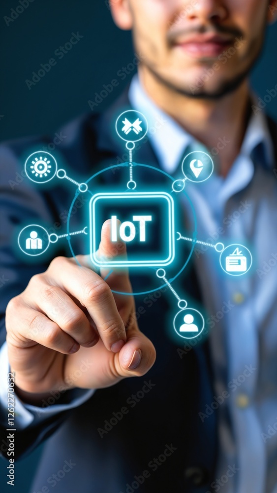 Poster internet of things - iot concept. businessman offer iot products and solutions. young businessman se
