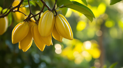 Bright yellow, shiny skinned cartoon carambola fruit character with thick and fleshy ribs. May be use as tropical cocktail recipe, fruit beverages or vegetarian dessert design