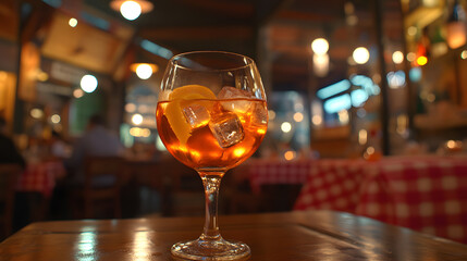 Aperol spritz cocktail in an elegant glass, sitting on the bar
