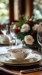 This dining table features exquisite china and rich linens, perfectly set for a delightful meal. A stunning floral centerpiece adds an elegant touch to the inviting atmosphere