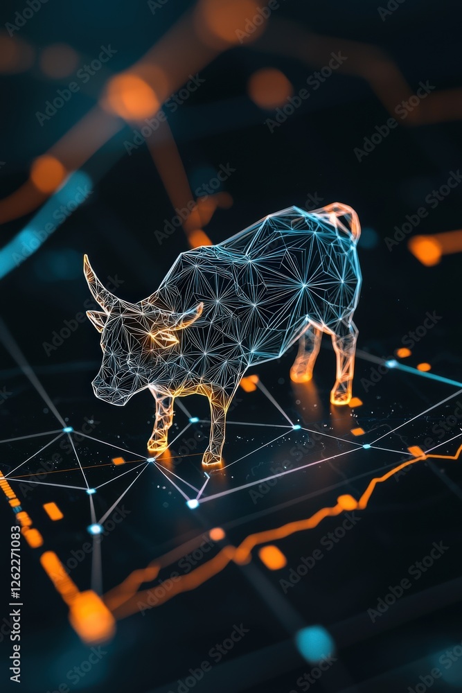 Poster a conceptual image of a bullish chart supported by a symbolic bull.