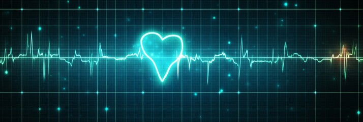 Light Blue Heart Rate Monitor Graph Line With Glowing Heart Shape. Digital Illustration.