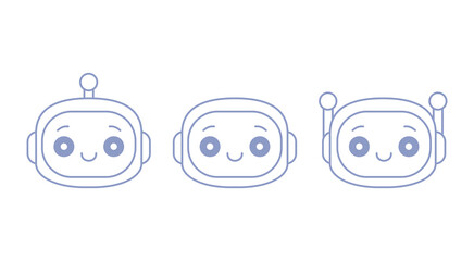 Fototapeta premium Ai chat bot icon set, chatbot smiling outline heads set, artificial intelligence bots, cute online robot in cartoon style, vector illustration.