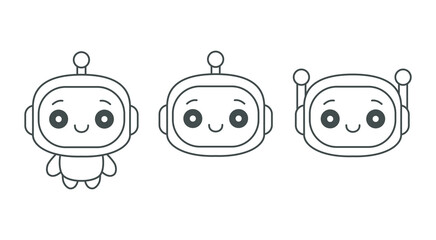 Ai chat bot icon set, chatbot smiling outline heads set, artificial intelligence bots, cute  online robot in cartoon style, vector illustration.