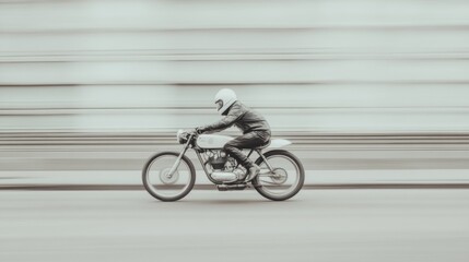 Rider on classic motorcycle speeding past city