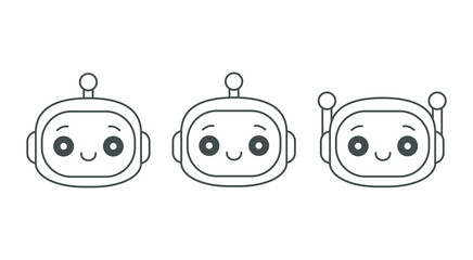 Ai chat bot icon set, chatbot smiling outline heads set, artificial intelligence bots, cute  online robot in cartoon style, vector illustration.