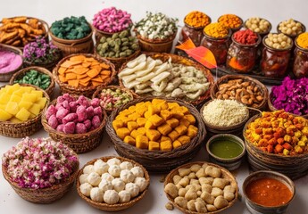 A Vibrant Display of Colorful Indian Sweets and Spices in Artisan Baskets for Festive Celebrations and Culinary Delights