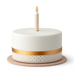A simple, elegant cake with a single candle on top, featuring a smooth white surface and a gold ribbon, perfect for celebrations, happy birthday clipart.