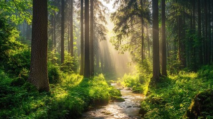 Obraz premium Sunbeams through the Enchanted Forest