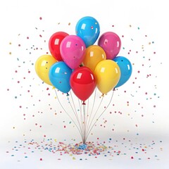 A vibrant bunch of colorful balloons surrounded by confetti, perfect for celebrations and festive occasions, happy birthday clipart.