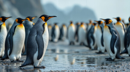 Fototapeta premium A group of penguins is standing on the ice. One of the penguins is confronting the other penguins.