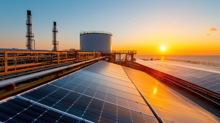 A vibrant sunset over a facility featuring solar panels and industrial structures, showcasing a blend of renewable energy and traditional energy sources.