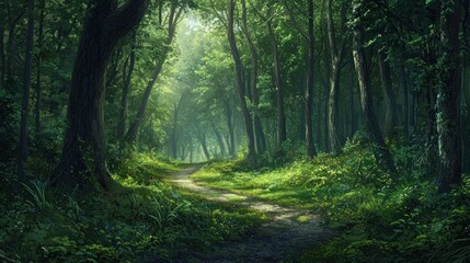 Fototapeta premium Enchanted Forest Path: A Serene Journey Through Lush Green Woods