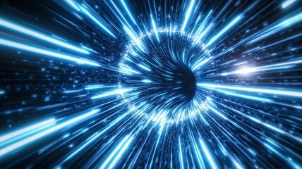 Fototapeta premium Glowing tunnel mystical motion concept. A mesmerizing view of a swirling vortex of blue light, representing the concept of speed and space, reminiscent of a warp tunnel in science fiction.