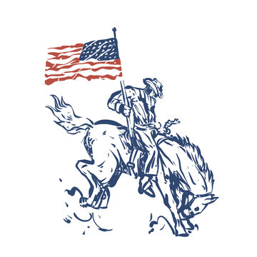 Patriotic Cowboy Riding Bucking Horse Vector Illustration