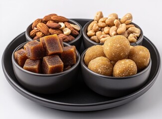 Fototapeta premium Assorted Healthy Snacks in Bowls on a Black Plate, Featuring Cubes of Sweet Treats, Nuts, and Energy Bites for Nutritious Munching Options