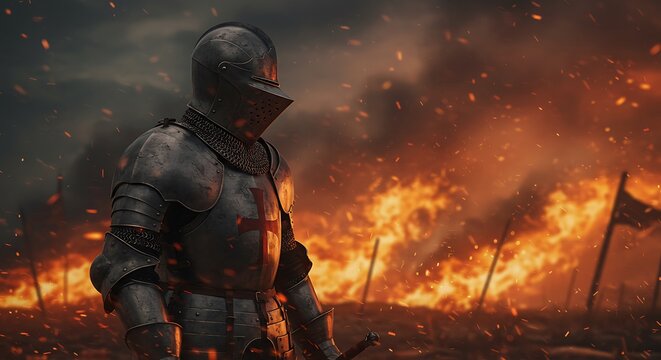 A knight in armor walks through blazing flames on a battlefield at sunset