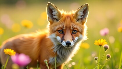 Close up of a wild fox, bright orange fur, bushy tail, whiskers detailed, in a sunlit wildflower field