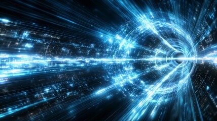 Glowing tunnel mystical motion concept. A dynamic visualization of light and energy, depicting a futuristic tunnel effect with vibrant blue hues and a sense of depth.
