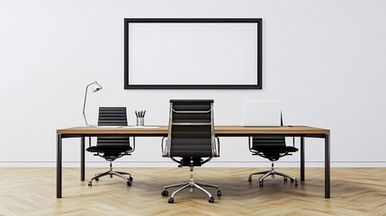 Modern minimalist office interior design with three chairs, a desk, and a blank frame on the wall.