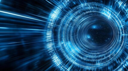 Obraz premium Glowing tunnel mystical motion concept. A mesmerizing blue tunnel of light creates a sense of speed and depth, evoking a futuristic digital landscape.