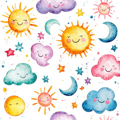 Naklejka premium Whimsical Clouds, Suns, and Moons Pattern in Colorful Watercolor Style