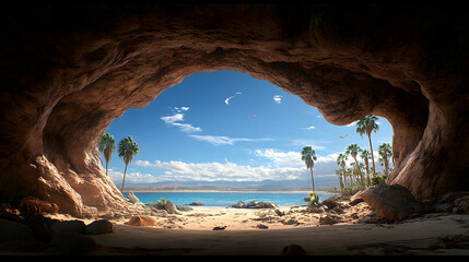Tropische Strandszene aus einer Höhle mit Palmen und blauem Himmel – Paradiesischer Naturblick
