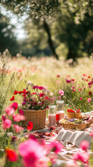 Naklejka premium A romantic picnic setup in a meadow filled with vibrant red and pink flowers, with eco-friendly baskets and biodegradable cutlery 