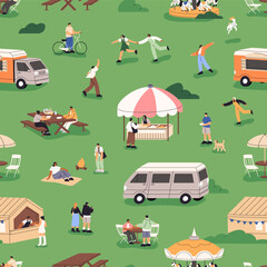 Repeatable pattern of people relaxing in amusement park at festival. Summer event outdoors on endless background. Funfair at nature with food trucks, stalls, picnic. Flat seamless vector illustration