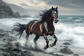 A powerful mustang galloping along a rocky coastline, waves crashing against the shore, the dramatic landscape highlighting the horsea??s uncontainable spirit.