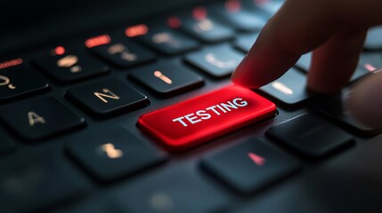 Close-up of Finger Pressing Red Testing Button on Computer Keyboard