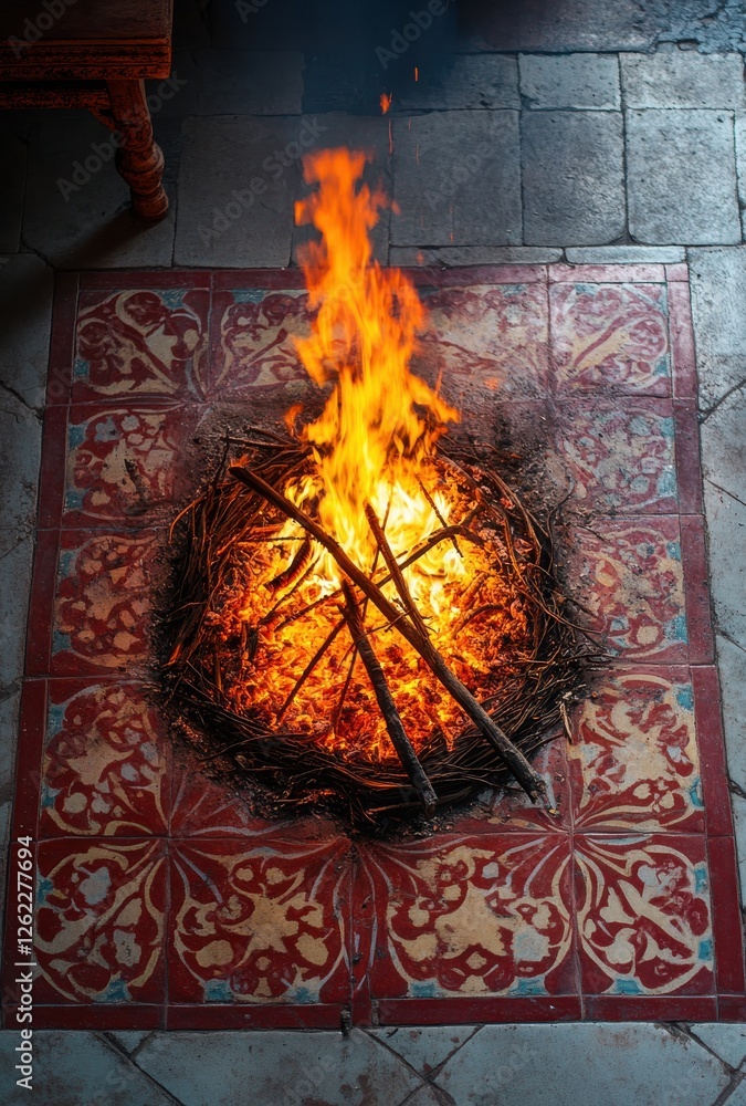 Aufkleber beautiful flames erupting from a neatly stacked firewood pile on an artistic tiled floor creating a 