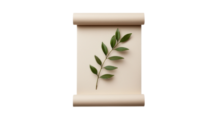 A minimalist scroll with a fresh green leaf placed on it, symbolizing nature, sustainability, and simplicity.