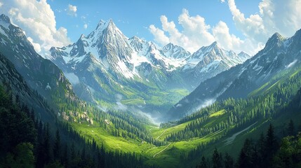 Fototapeta premium Majestic Alpine Vista: A Breathtaking Panorama of Snow-Capped Peaks and Verdant Valleys