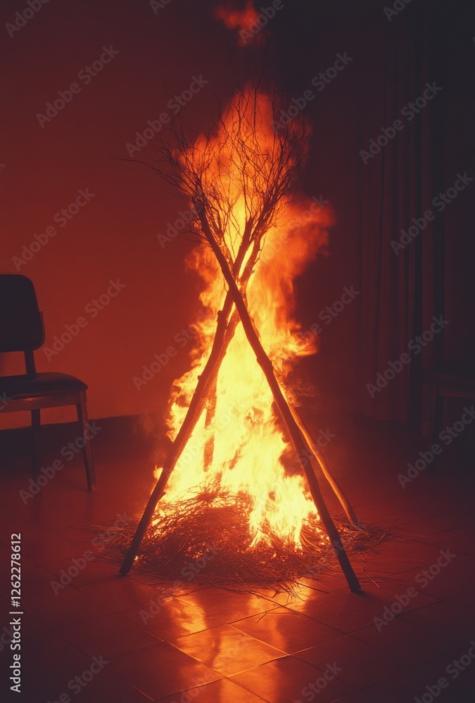 Poster bright flame burning in a dark room creating an intense glow with twigs and dry grass on the ground 
